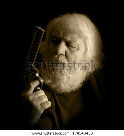 Gunman - bearded old man with a gun (revolver) to illustrate