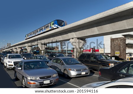 RICHMOND, BC - FEB. 19, 2011: SkyTrain, fully automatic transit system of Metro Vancouver has 69 km of track and 47 stations on 3 lines. Expo Line open 1985, Millennium Line 2002 and Canada Line 2009.