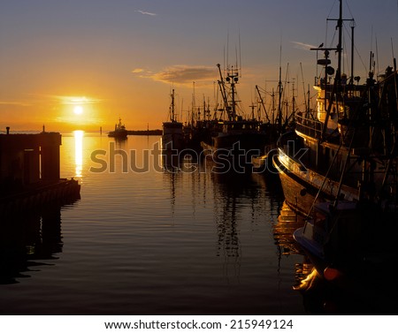 Ships in sunset - Metro Vancouver, Richmond, British Columbia, Canada,