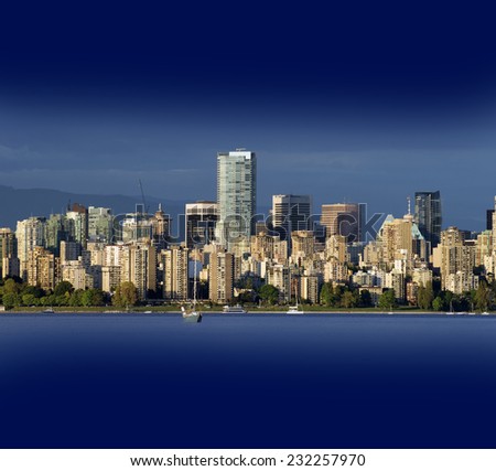 Vancouver, panoramic view with English Bay and dark blue sky