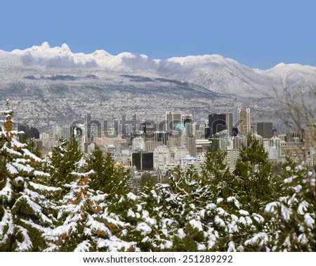 VANCOUVER, HISTORIC VIEW - JANUARY 17, 1986: Panoramic view of snowy Vancouver Downtown from Queen Elizabeth Park with The Lions peaks and Cost Mountains. In the back are North and West Vancouver.