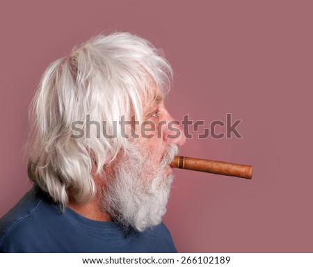 Cigar smoker - neglected old man with beard, long hair and cigar