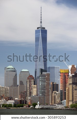 NEW YORK, USA - JUNE 3, 2015: The new Freedom Tower in Lower Manhattan named 'One World Trade Center,' is the tallest building in the Western Hemisphere and the third-tallest building in the world.