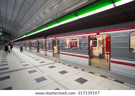 PRAGUE, PETRINY STATION - JULY 24, 2015: Prague Metro\'s station Petriny, one of four new stations at Line A  was open in 2015. Prague\'s Metro, founded in 1974 has already three lines and 61 stations.