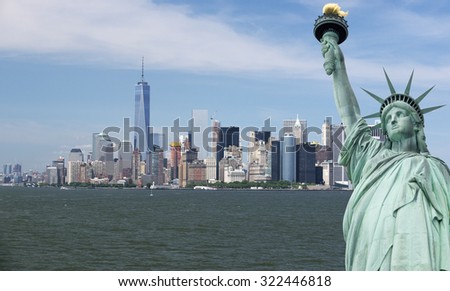 New York, panorama of Manhattan with Freedom Tower and Hudson River, USA