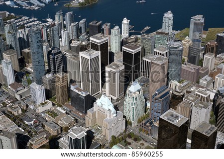 Vancouver - downtown skyscrapers and Coal Harbour, aerial
