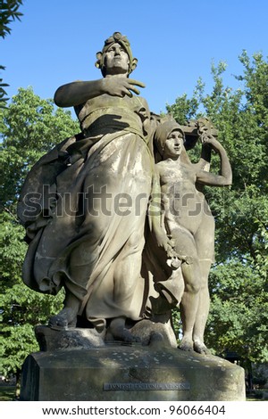PRAGUE, CZECH REPUBLIC, JULY 9, 2010: Famous sculpture \'Lumir a Pisen\' (artist J.V.Myslbek) is placed in the park by historic Vysehrad, above Vltava River. July 9, 2010, Prague, Czech Republic.