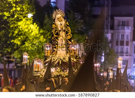 VALLADOLID, SPAIN -Â?Â? APRIL 17, 2014: Virgin sculpture in the religious processions during Holy Week on Good Thursday Night, on April 17, 2014 in Valladolid, Spain.