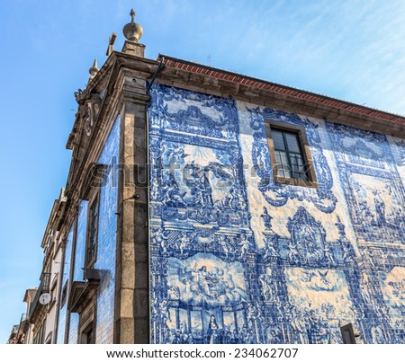 Chapel of Souls in Porto, covered by white and blue drawn tiles in Porto, Portugal.
