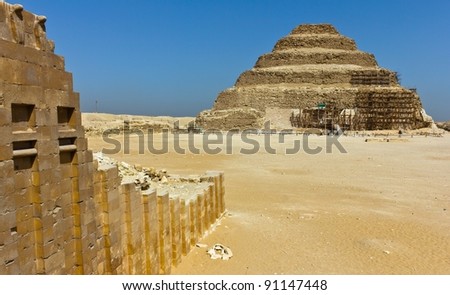 The oldest standing step pyramid in Egypt, built by Imhotep for King Djoser, located in Saqqara.
