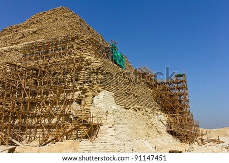 Close up of the repair process of the oldest standing step pyramid in Egypt, located in Saqqara.