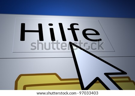 Computer generated image of a cursor pointing at a help button in german.