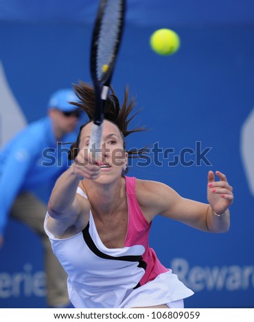 SYDNEY - JAN 10: Jelena Jankovic from Serbia forehand during her match at the APIA Tennis International. Sydney - January 10, 2012