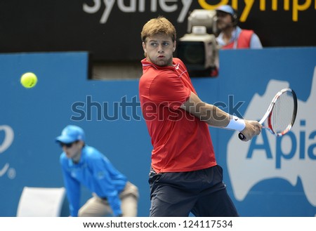SYDNEY - JAN 9: Ryan Harrison from the USA hits a backhand in his second round match in the APIA Sydney Tennis International. Sydney January 9, 2013.