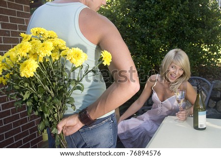 Bringing home flowers to his girl friend