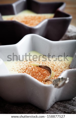 Close up of vanilla pudding with cocoa powder