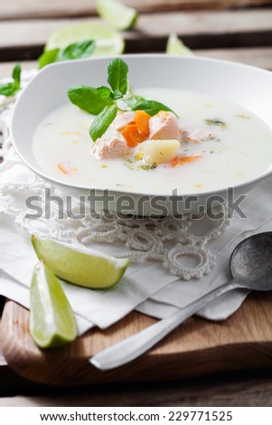 Creamy salmon soup in finnish style