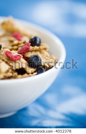 Healthy breakfast cereal with dried strawberries and fresh blueberries
