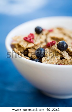 Healthy breakfast cereal with dried strawberries and fresh blueberries