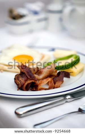 Delicious hotel breakfast with bacon and eggs
