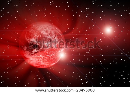 Red globe in space, original globe image from NASA