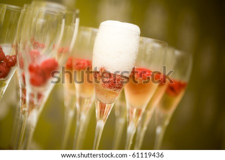 Champagne in glasses with fresh red raspberries