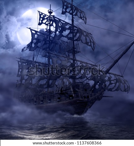 Sailing pirate ghost ship, Flying Dutchman, on the high seas in a moonlit night, 3d render painting