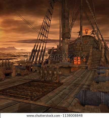 Pirate ship deck with stairs to the galley and door to the captains cabin, 3d render