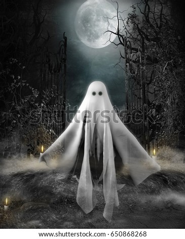 3D illustration of a ghost hovering at the entrance to an eerily lit yard under a full moon. Halloween concept.
