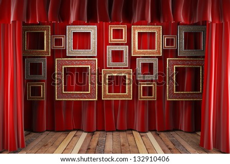 red fabric curtain with frames on stage