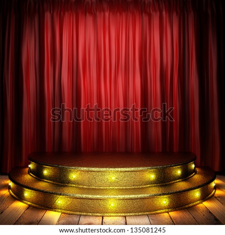 Red Fabric Curtain On Golden Stage
