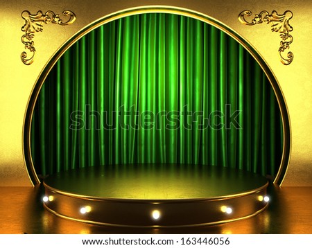 green fabric curtain with gold on stage