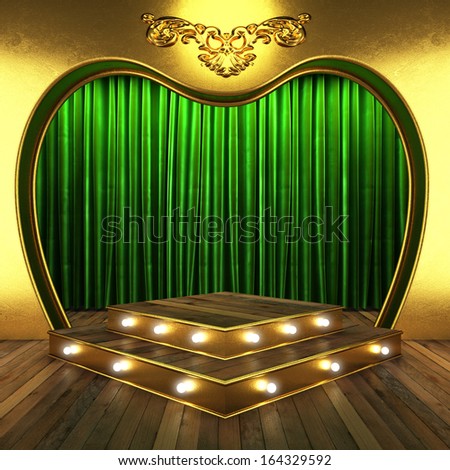 green fabric curtain with gold on stage