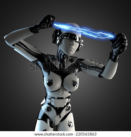 woman cyborg of steel and white plastic with lightning