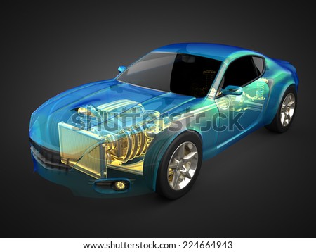 transparent car concept with visible engine and transmission