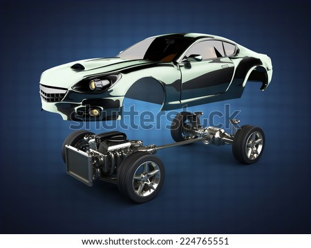 Car chassis with engine of luxury brandless sportcar