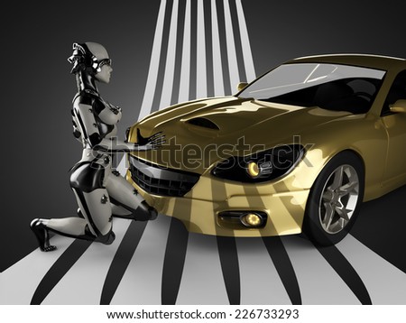 luxury brandless sport car and woman robot