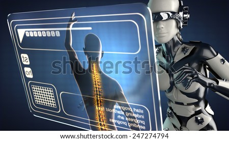 robot woman and hologram display