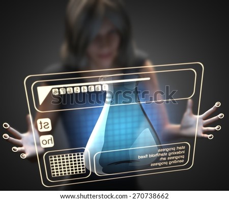 woman and hologram with laboratory glassware