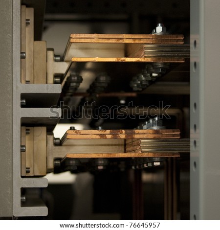 Copper Bus bars at a circuit breaker in a 4000 ampere transfer switch.