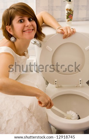 Woman in Gown cleaning toilet