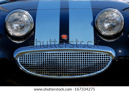 Austin-Healey Sprite car face on All British Day in Sydney AU, 25th August, 2013 The \'All British Day\' is a display day featuring over 50 car clubs representing most British brands current and past.