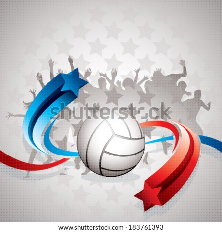Abstract volleyball background with white volley ball, blue and red arrows and watchers