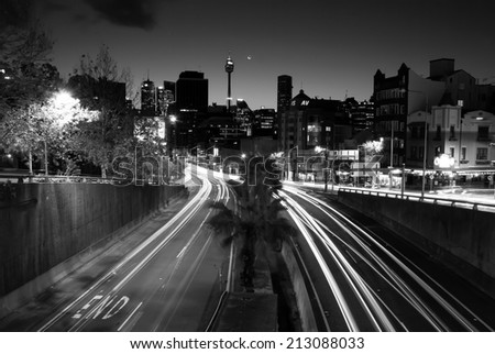 Sydney Night, June 29. 2014. Night time long exposure, Black and White picture from Kings Cross, William St. in Sydney. Australia.