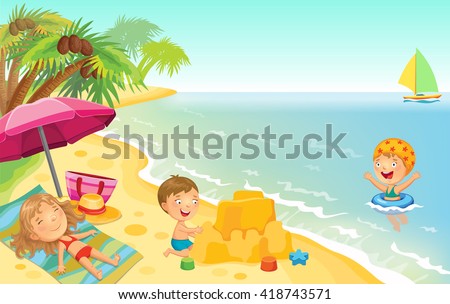 Cartoon children playing on the beach with space for text