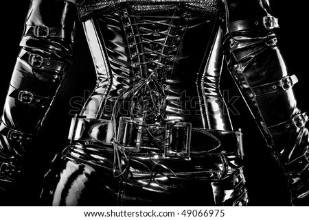 black latex corset, back view, high gloss