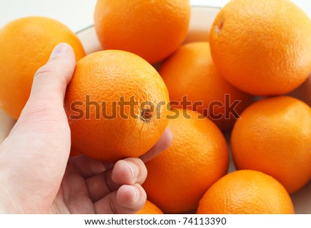 The hand holds an orange. A choice of a ripe orange