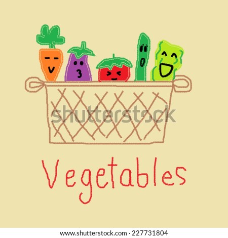 Kid\'s art : Vegetables picture drawing with crayon color