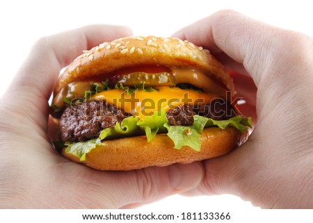 Hands holding cheese burger , isolated on white