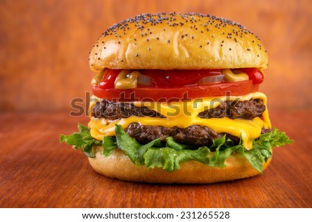 Double cheeseburger with tomato, onion, mustard and ketchup, poppy seeds on top bun , on red wooden table